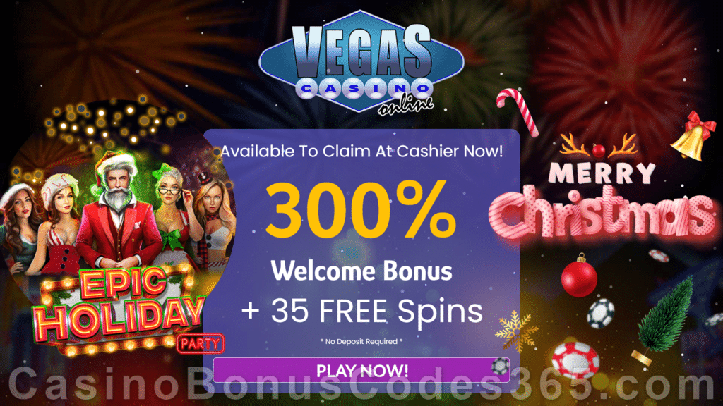 Vegas Casino Online 35 FREE RTG Epic Holiday Party Spins plus 300% Match Christmas Welcome Deal