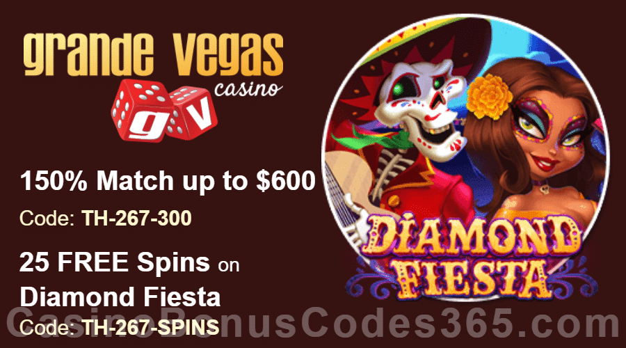 Grande Vegas Casino 150% up to $600 Bonus plus 25 FREE RTG Diamond Fiesta Spins Special Promotion