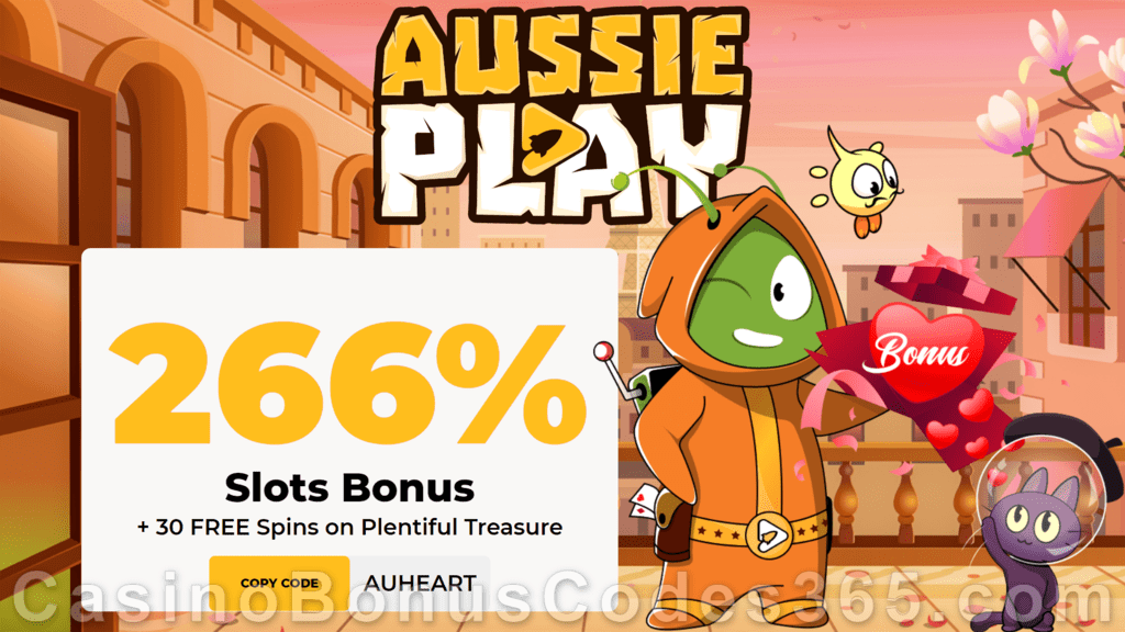 AussiePlay Casino 260% Match Pokies Bonus plus 40 FREE Spins on RTG Plentiful Treasure St. Valentine’s Day Special New Players Deal