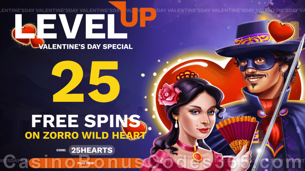 LevelUp Casino 15 FREE BGAMING Zorro Wild Heart Spins No Deposit Special Deal for St. Valentine's Day