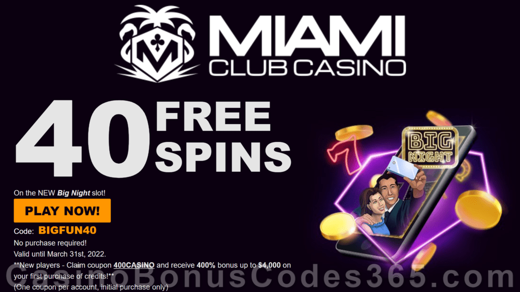 Miami Club Casino 40 FREE Spins on WGS Big Night No Deposit Deal for All Players