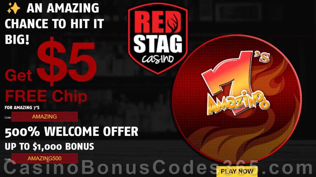 Red Stag Casino 68 FREE Spins on Amazing 7s plus 500% Match Bonus Welcome Package