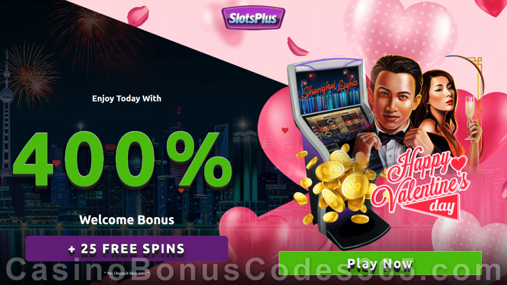 SlotsPlus 25 FREE RTG Shanghai Lights Spins plus 400% Match up to $2500 Bonus New Players Deal