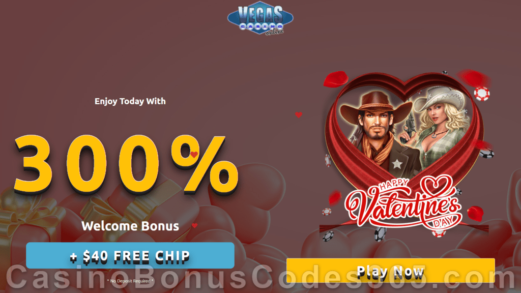 Vegas Casino Online $40 FREE Chip RTG Witchy Wins No Deposit St. Valentine's Day Deal plus 300% Match Welcome Bonus Special Package