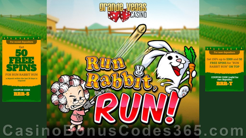 Grande Vegas Casino New RTG Game Run Rabbit Run 150% up to $300 Bonus plus 150 FREE Spins Special Promotion