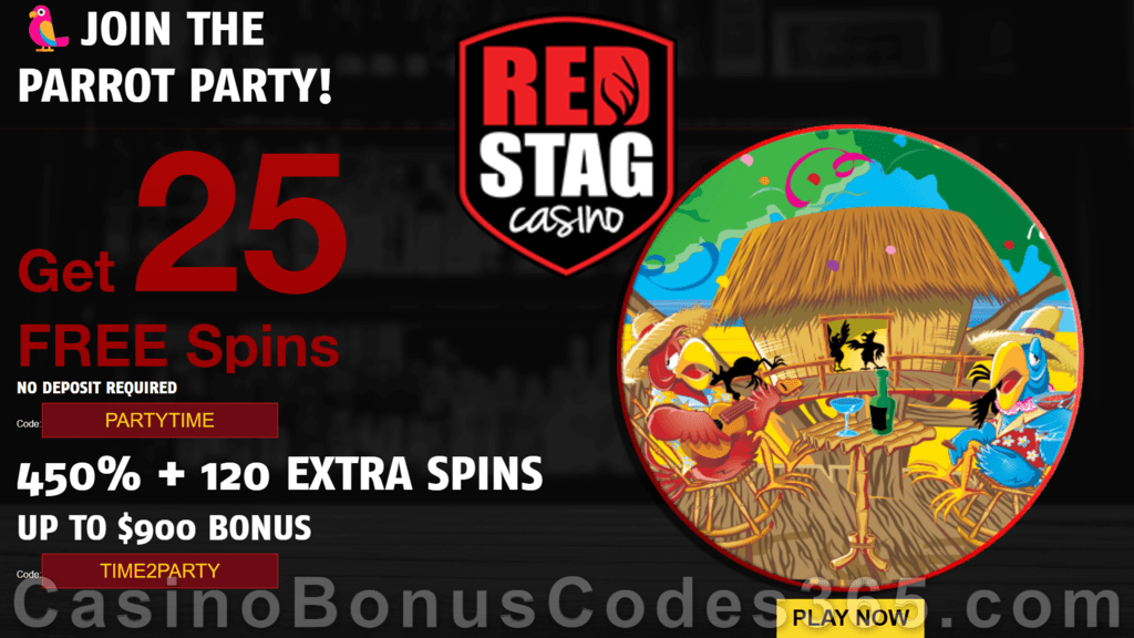 Red Stag Casino 25 FREE Spins on WGS Parrot Party and 450% Match Bonus plus 120 FREE Spins Special New Players Pack