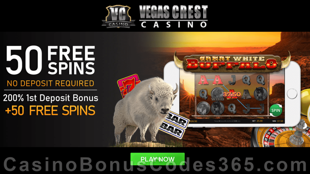 Vegas Crest Casino 50 FREE Betsoft Great White Buffalo Spins and 200% Match Bonus plus 50 FREE Spins Special Welcome Pack