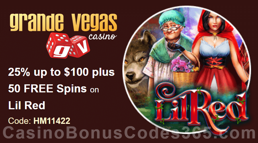 Grande Vegas Casino 25% up to $100 plus 50 FREE Spins on RTG Lil Red Special Weekly Deal