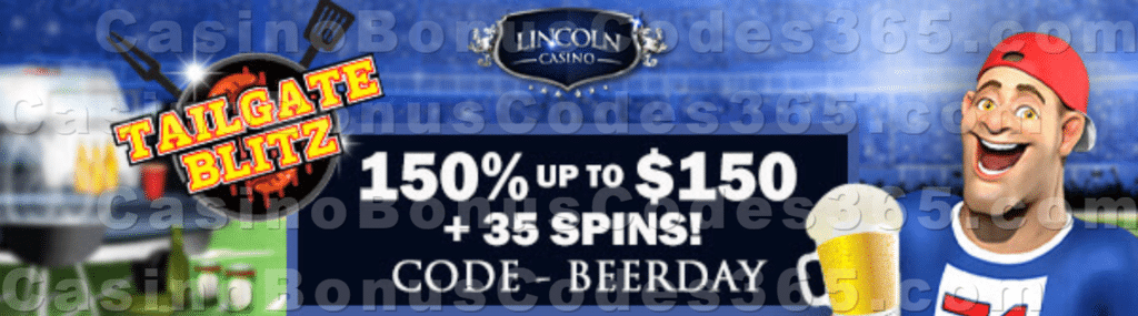 Lincoln Casino 150% Match up to $150 plus 35 FREE Spins on WGS Tailgate Blitz Special Welcome Package