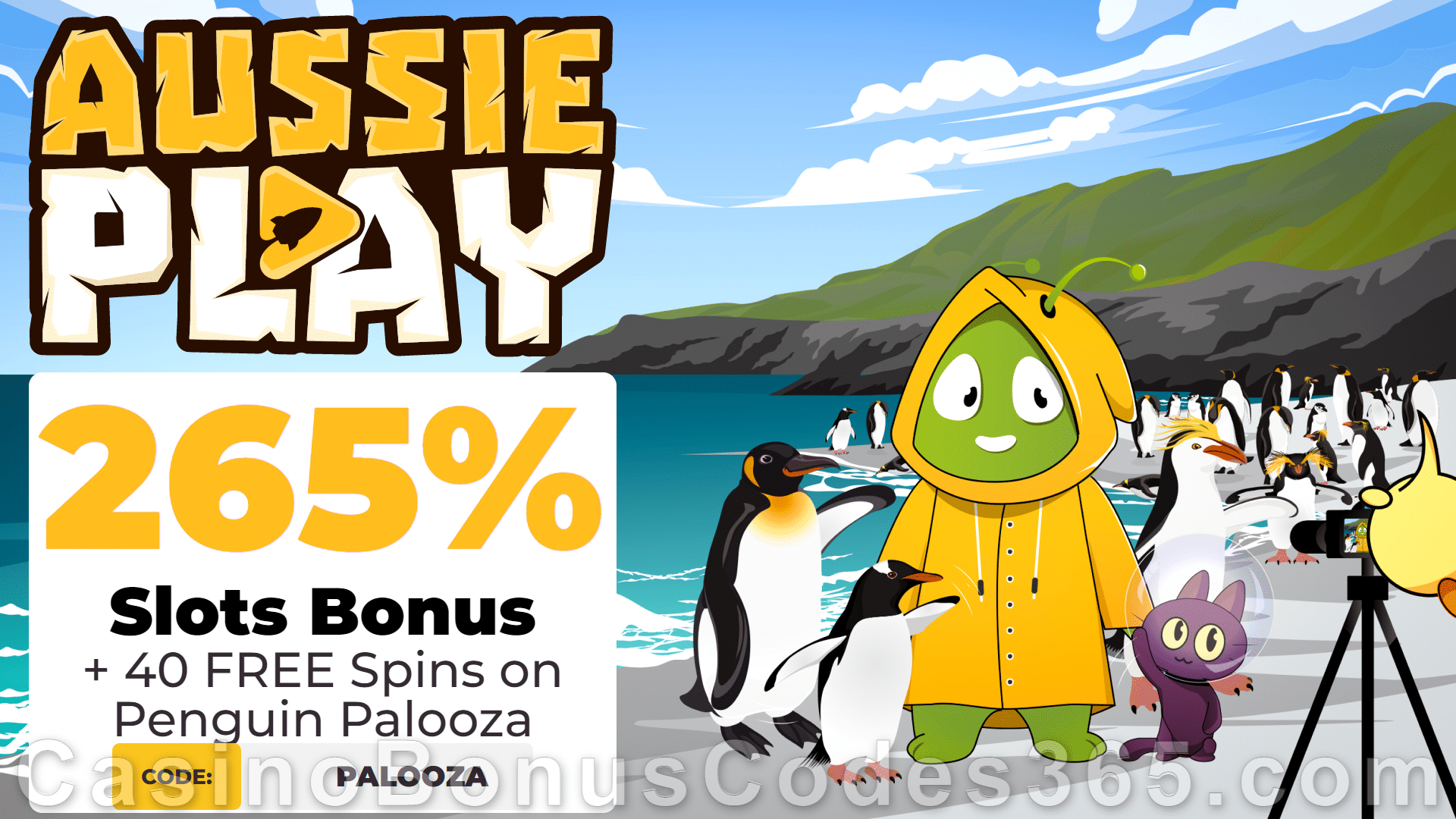 AussiePlay Casino 265% Match Pokies Bonus plus 40 FREE Penguin Palooza Spins New RTG Game Welcome Offer