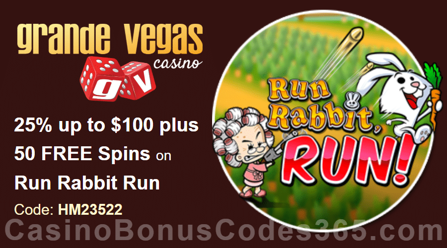 Grande Vegas Casino 25% up to $100 plus 50 FREE Spins on RTG Run Rabbit Run Special Promo