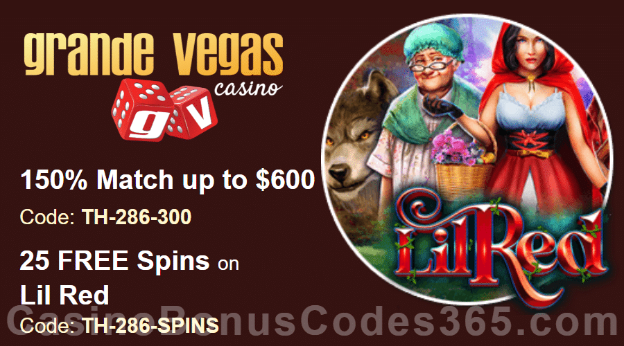 Grande Vegas Casino 150% up to $600 Bonus plus 25 FREE Spins on Lil Red Weekly Special Deal