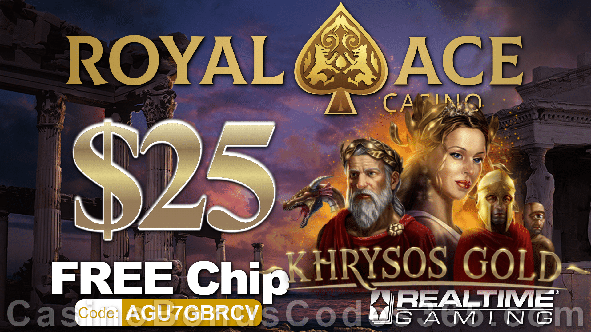 Royal Ace Casino New RTG Game Khrysos Gold Special $25 No Deposit FREE Chip Offer