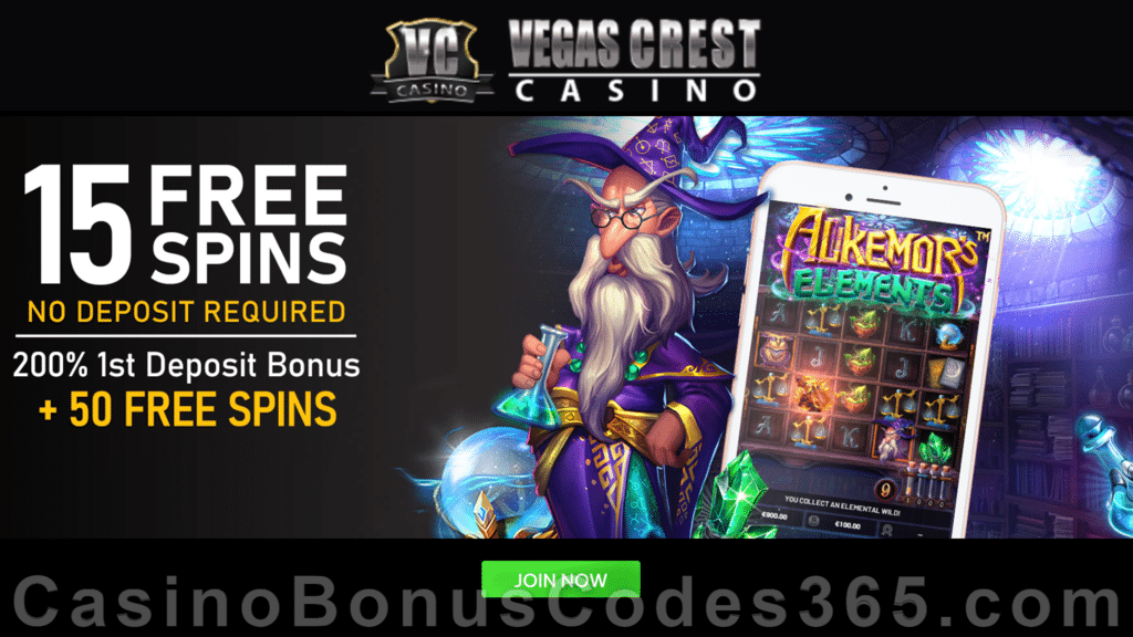 Vegas Crest Casino 50 FREE Betsoft Alkemor's Elements Spins and 200% Match Bonus plus 50 FREE Spins Special Welcome Pack
