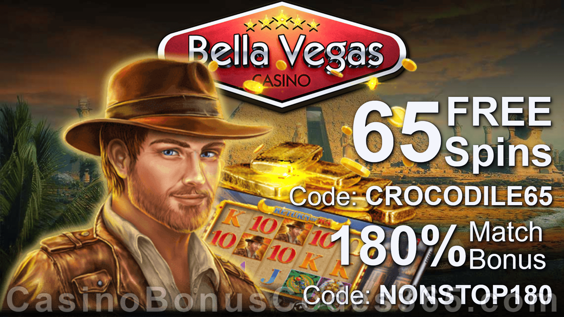 Bella Vegas 65 FREE Saucify Return of Ra Spins plus 180% Match Bonus Special Offer