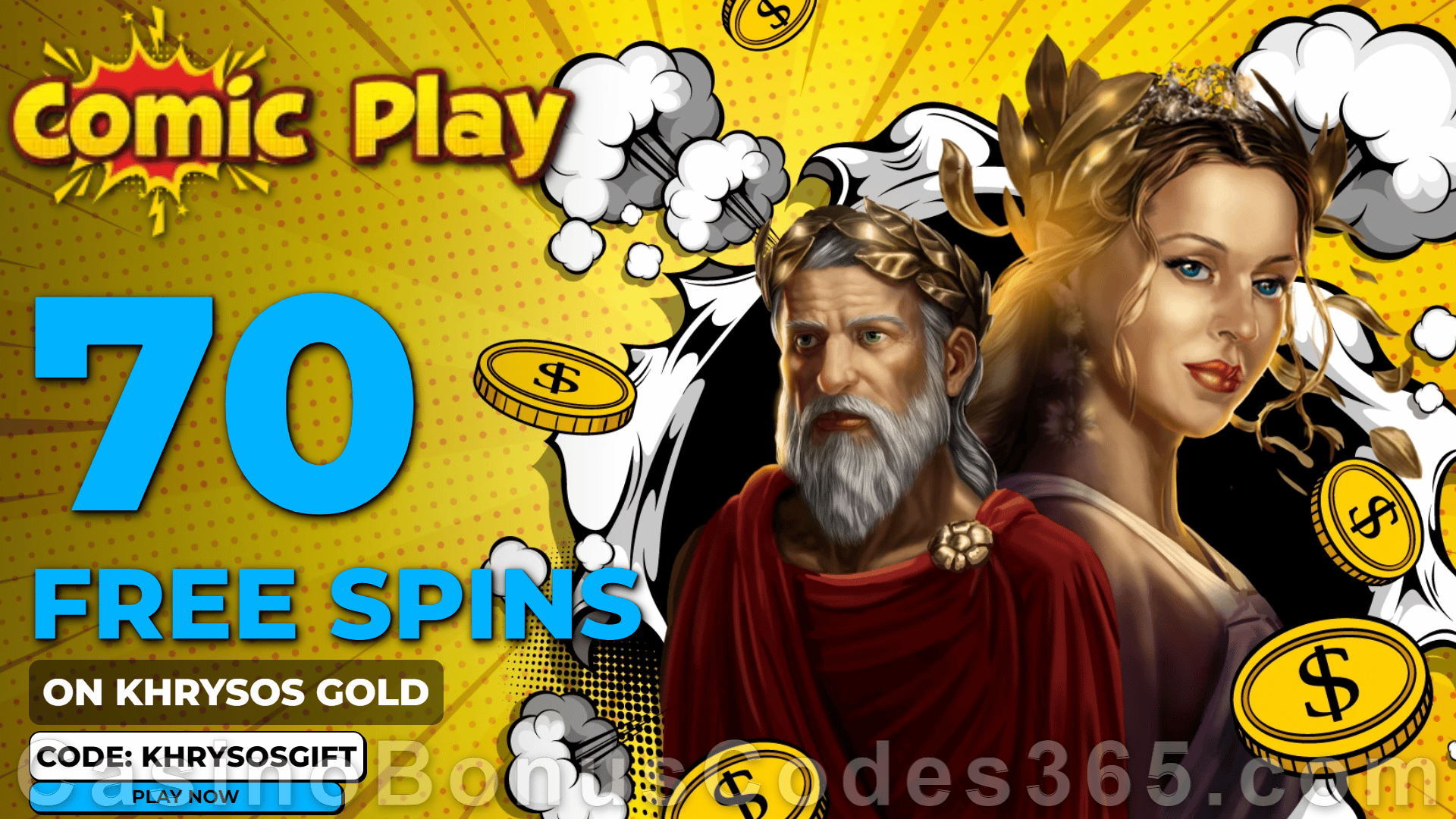 ComicPlay Casino 70 FREE Spins on RTG Khrysos Gold No Deposit Sign Up Deal