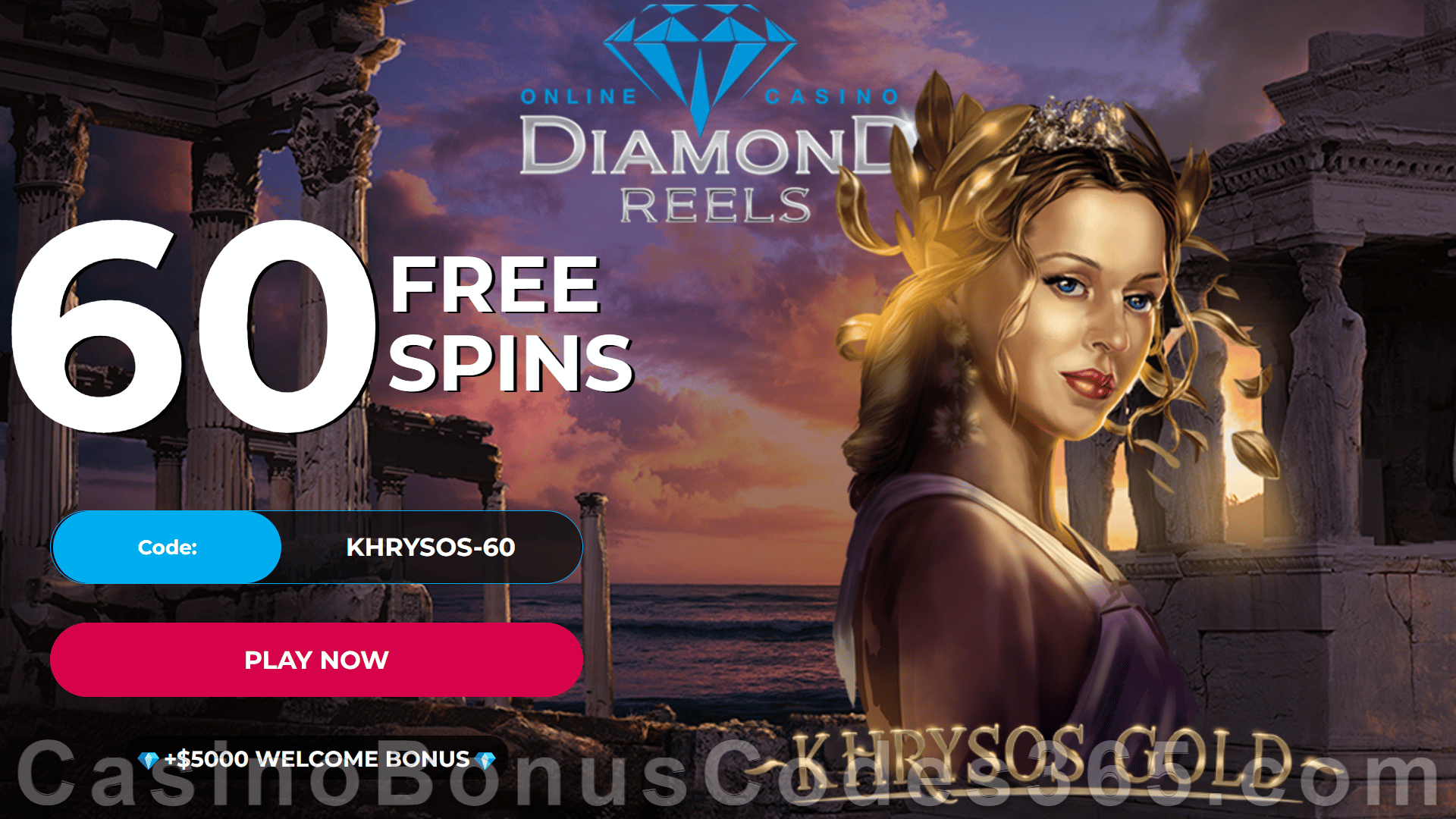 Diamond Reels Casino 60 FREE RTG Khrysos Gold Spins Exclusive New Players No Deposit Promotion