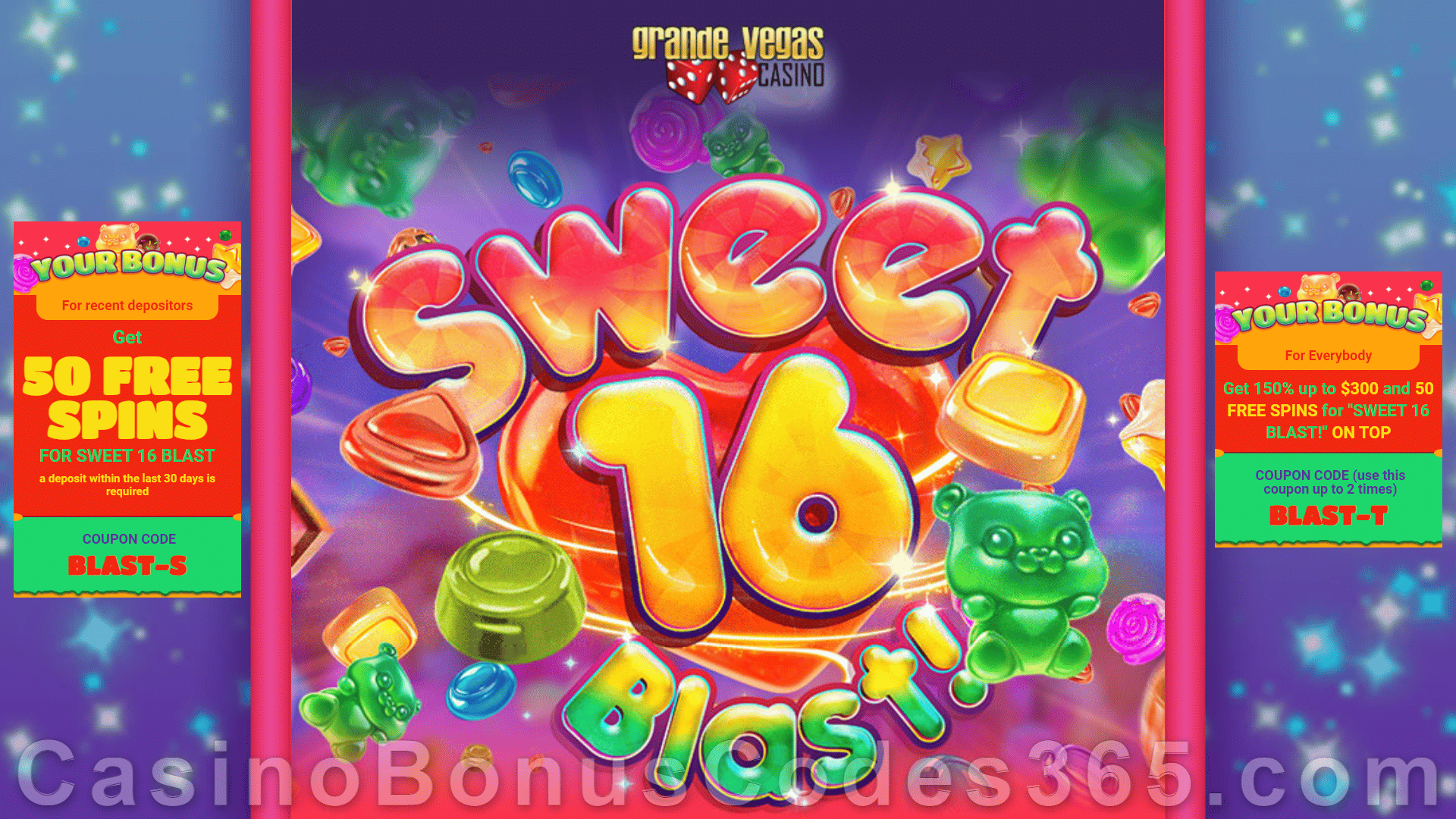 Grande Vegas Casino New RTG Game Sweet 16 Blast 150% up to $300 Bonus plus 150 FREE Spins Special Promotion