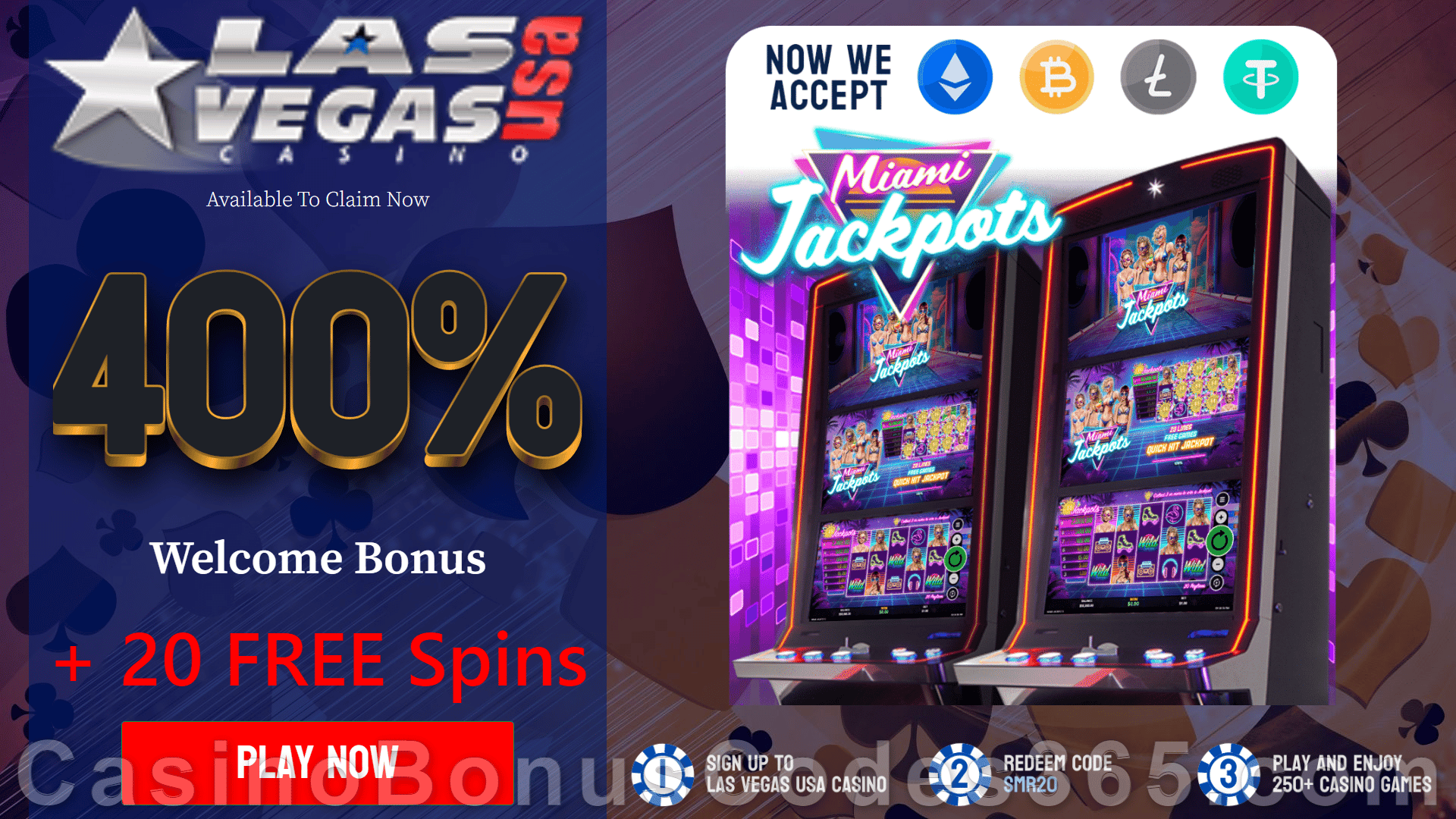 Las Vegas USA Casino 20 FREE RTG Miami Jackpots Spins plus 400% Match Bonus Best Game of the Year Special Offer