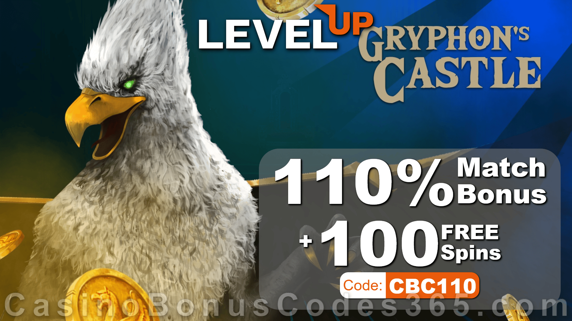 LevelUp Casino Exclusive 110% Match Bonus plus 100 FREE Mascot Gaming Gryphon's Castle Spins Welcome Package