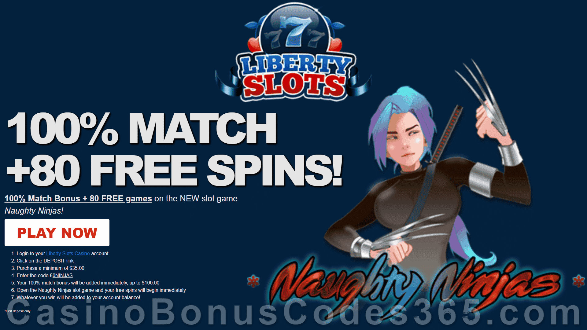 Liberty Slots 20 FREE Naughty Ninjas Spins New WGS Game No Deposit Deal