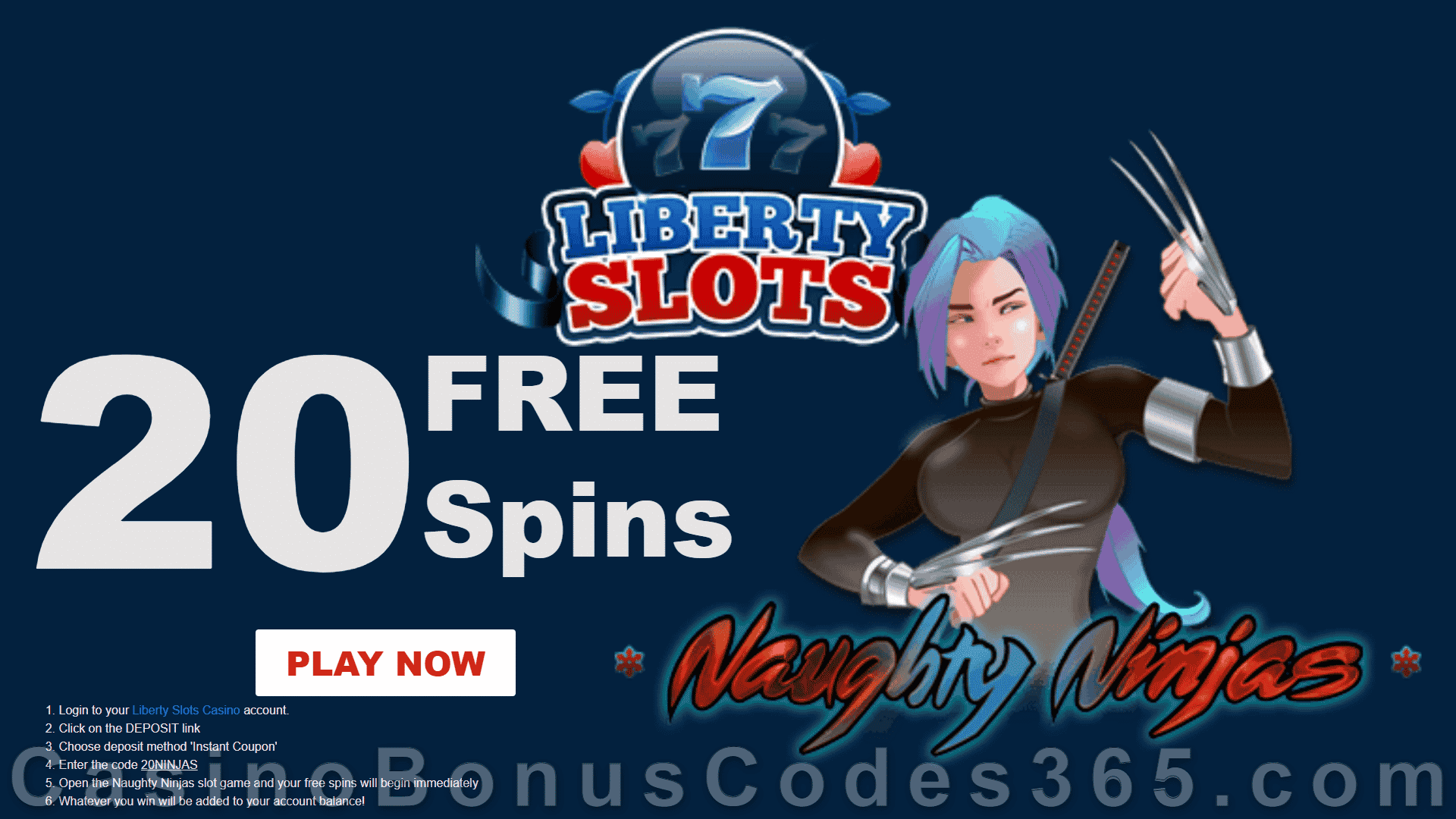 Liberty Slots 20 FREE Naughty Ninjas Spins New WGS Game No Deposit Deal