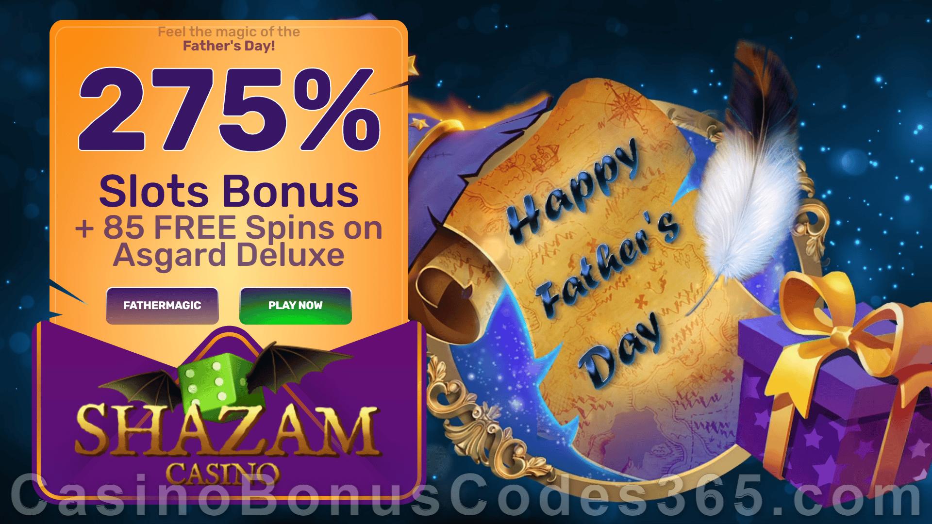 Shazam Casino 275% Match Slots Bonus plus 85 FREE Spins on RTG Asgard Deluxe Special Father's Day New Players Reward