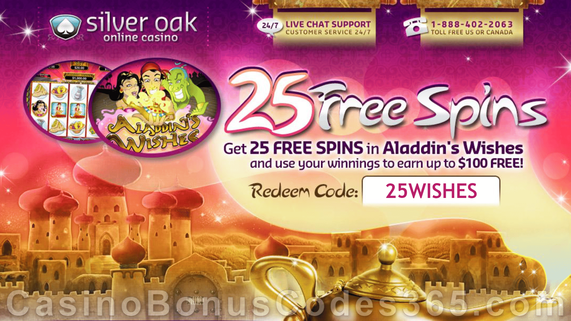 Silver Oak Casino 25 Aladdin's Wishes FREE Spins No Deposit Offer