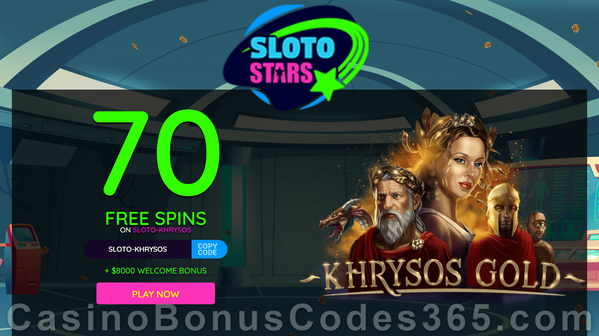 Sloto Stars 70 FREE RTG Khrysos Gold Spins No Deposit Sign Up Bonus