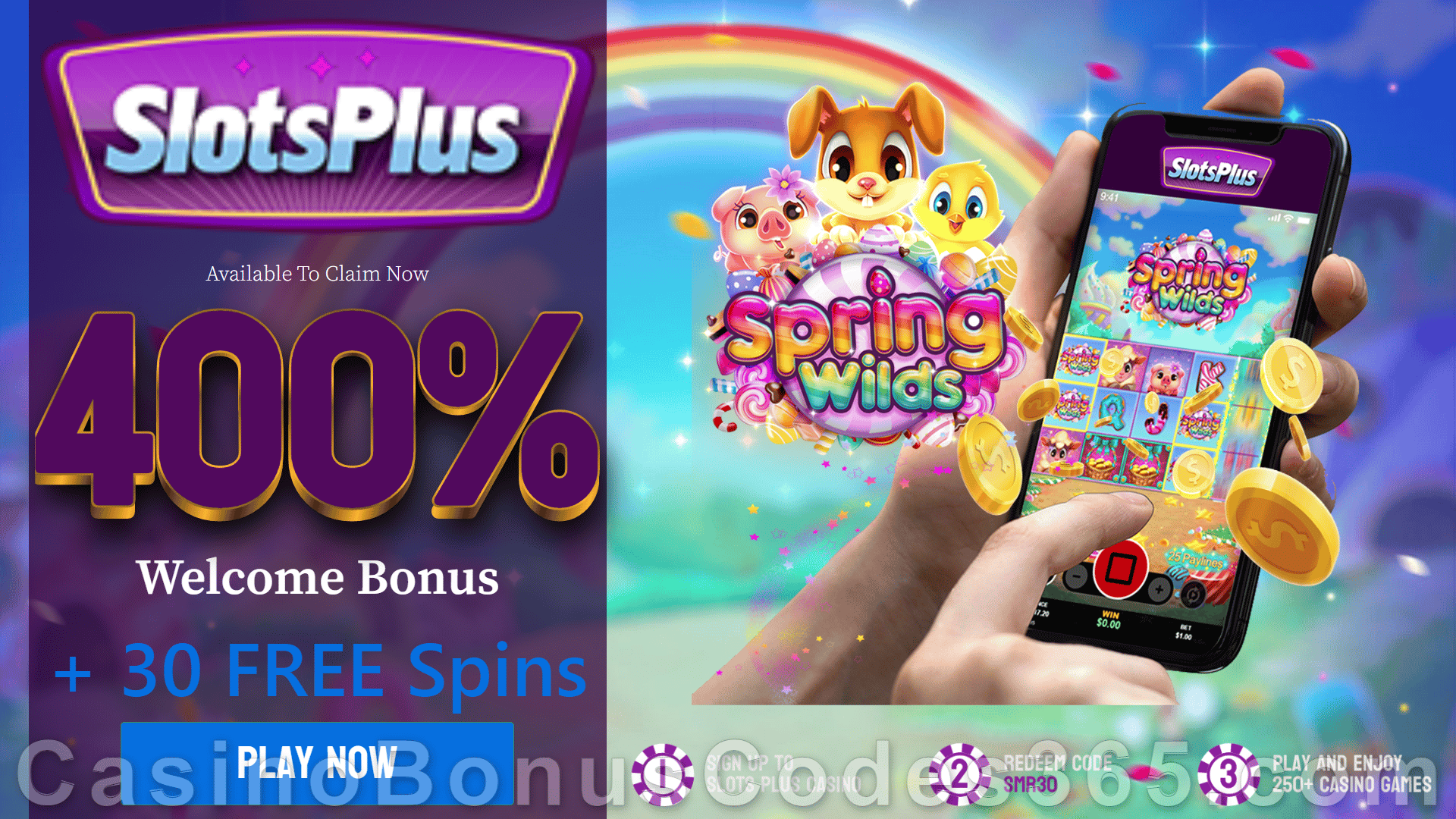 SlotsPlus 30 FREE RTG Spring Wilds Spins plus 400% Match up to $2500 Bonus New Players Deal