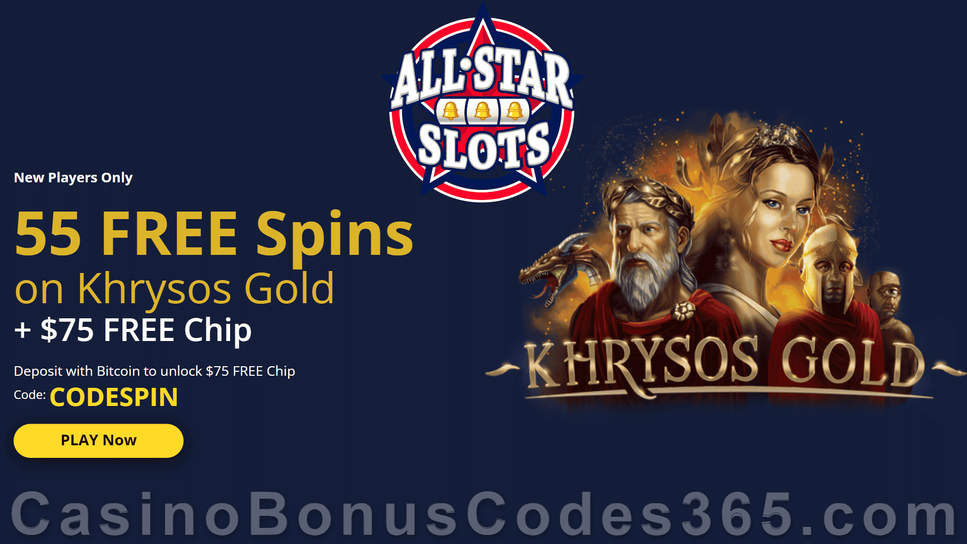 All Star Slots 55 FREE Spins on RTG Khrysos Gold Exclusive New Players No Deposit Offer