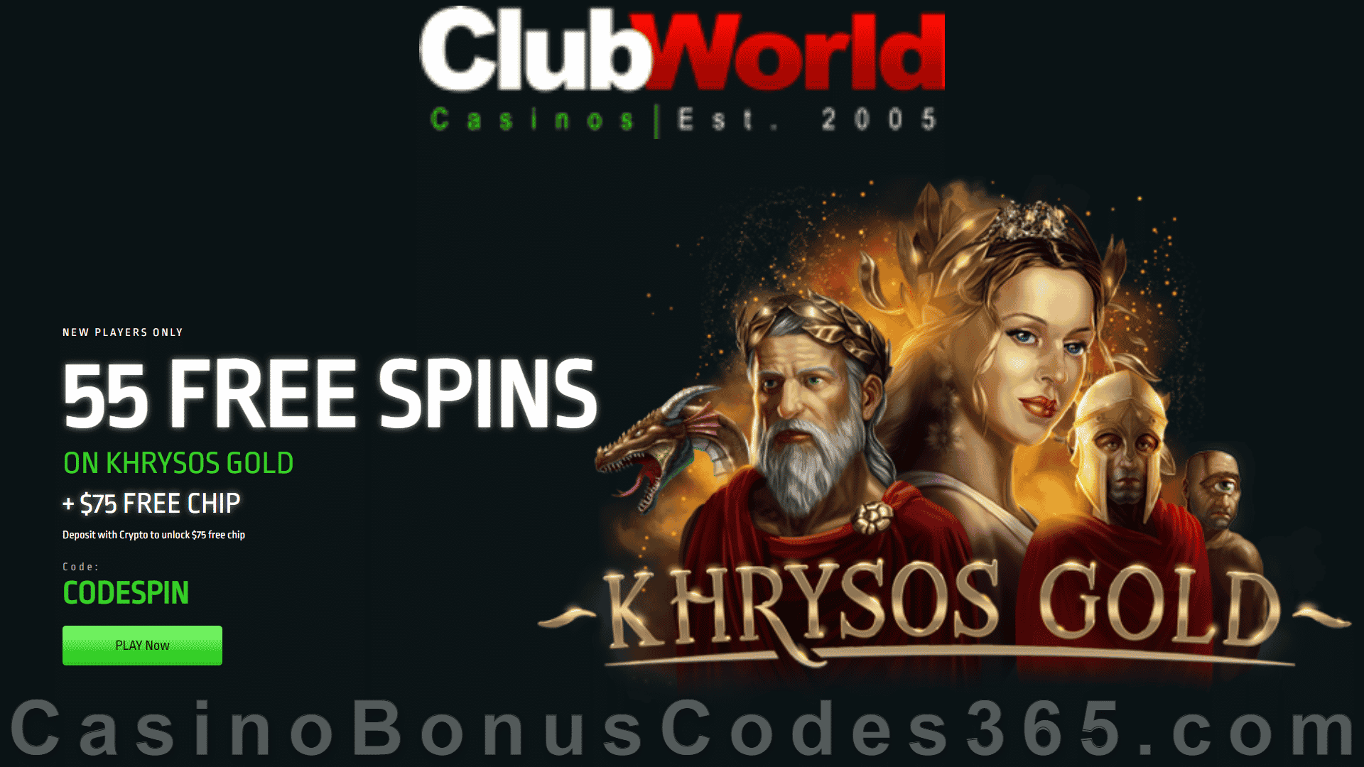 Club World Casino 55 FREE Spins on RTG Khrysos Gold Exclusive New Players No Deposit Offer