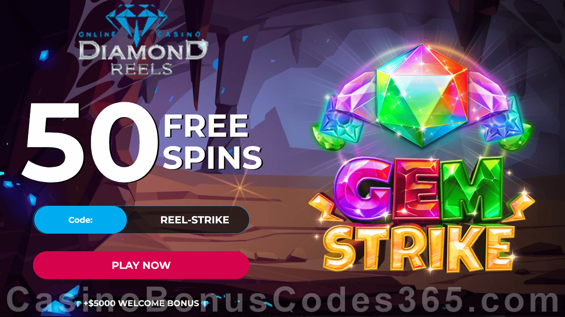 Diamond Reels Casino 50 FREE RTG Gem Strike Spins Exclusive New Players No Deposit Promotion