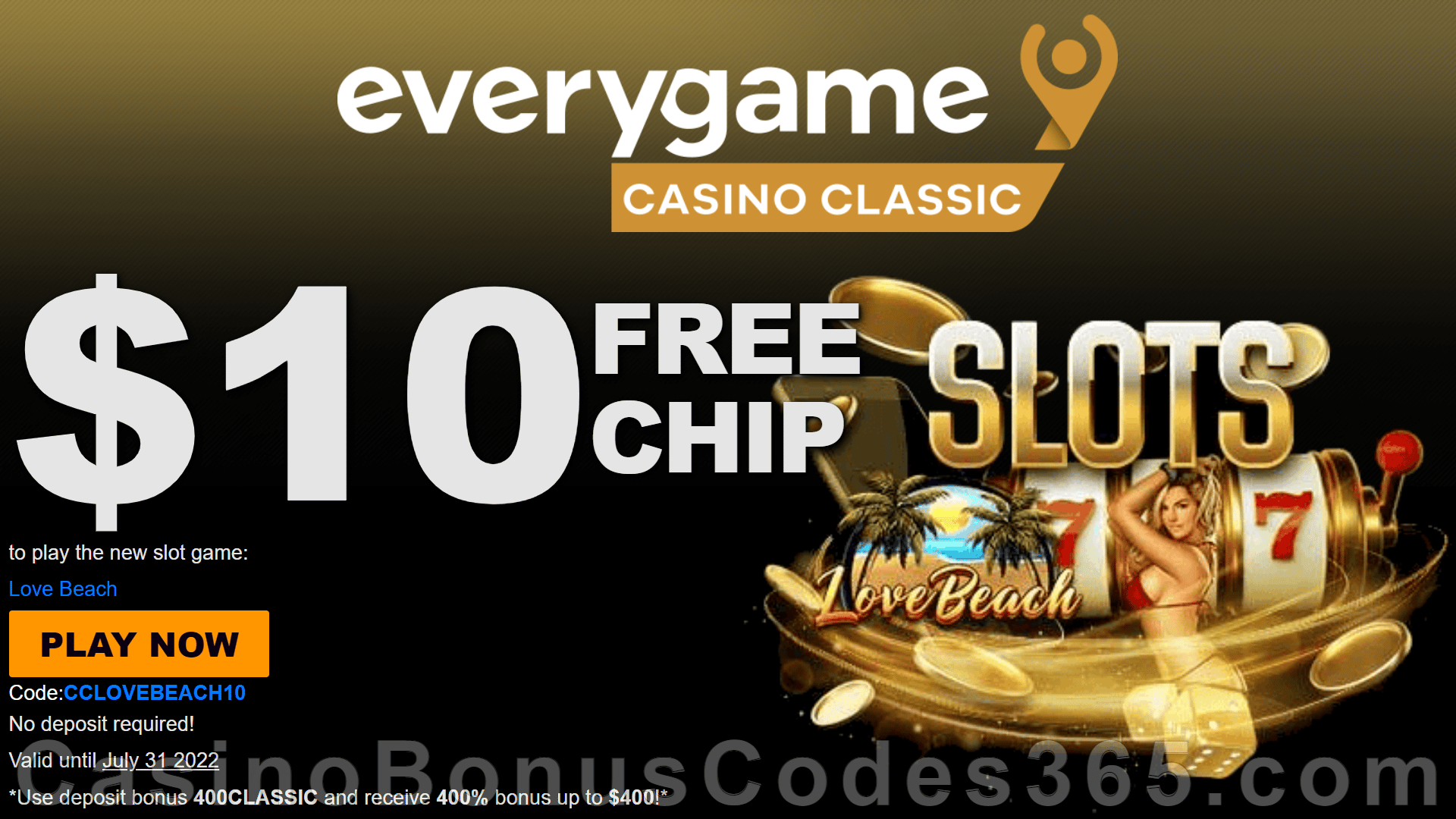 Everygame Casino Classic $10 FREE Chip on Dragon Gaming Love Beach All Players No Deposit Gift Pack