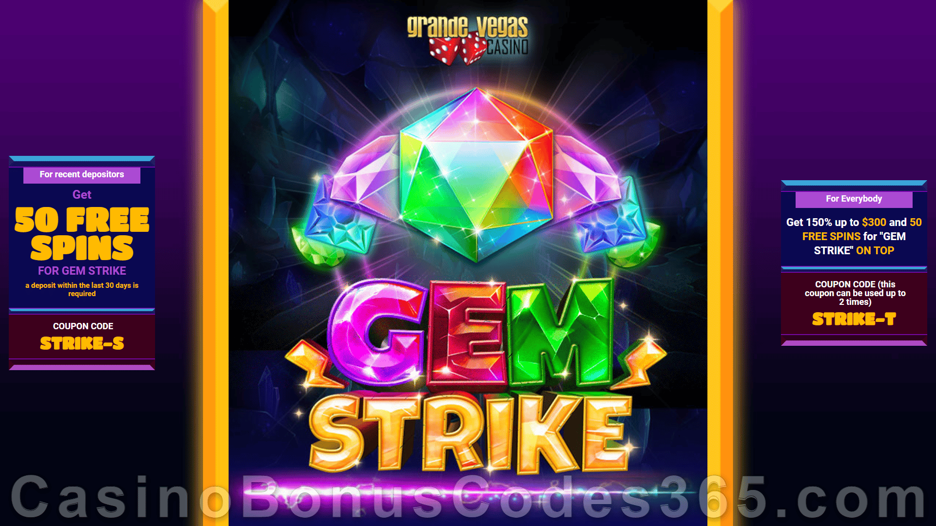 Grande Vegas Casino New RTG Game Gem Strike 150% up to $300 Bonus plus 150 FREE Spins Special Promotion