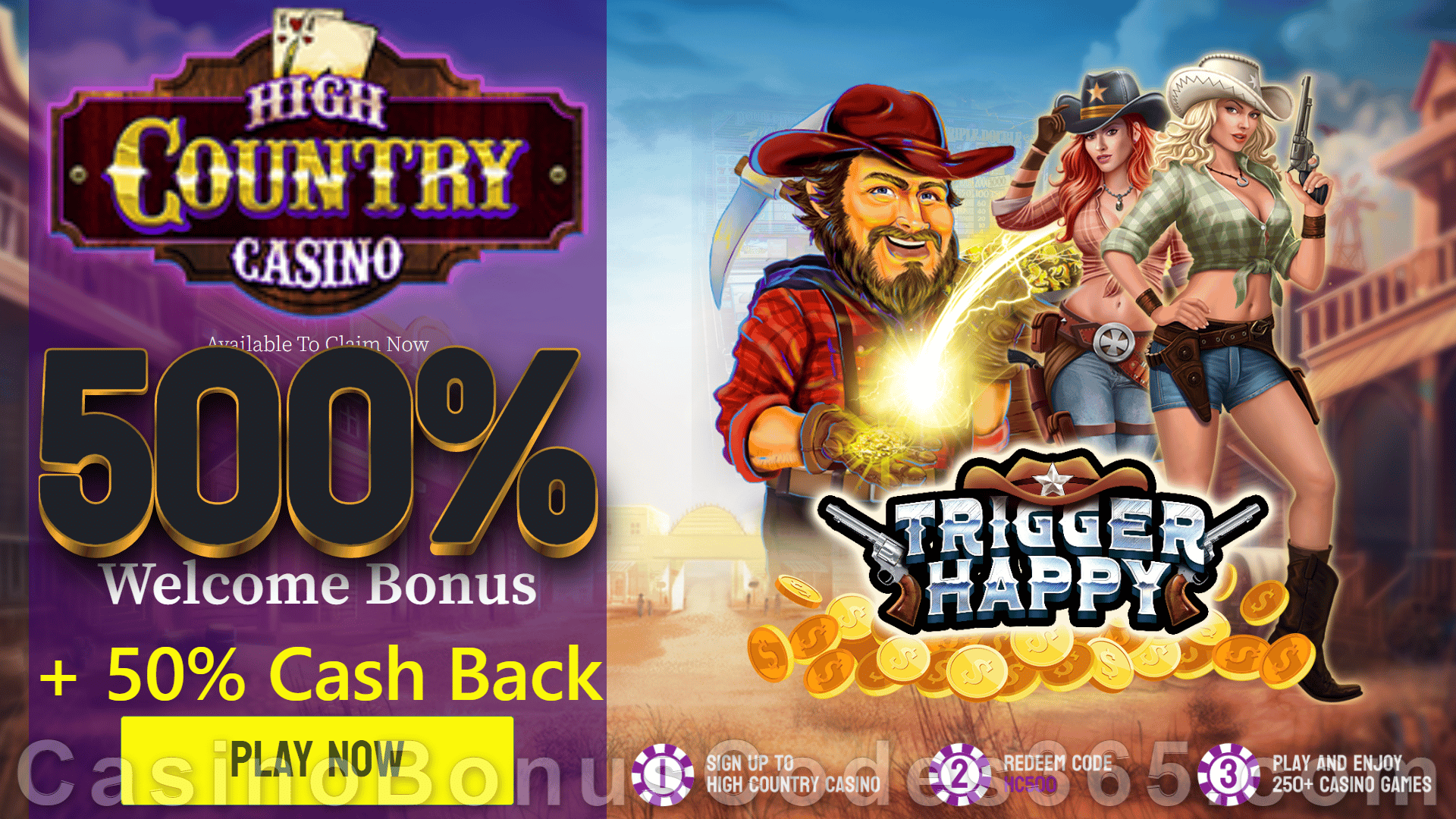 High Country Casino 500% Match Welcome Bonus plus 50% Cashback RTG Trigger Happy