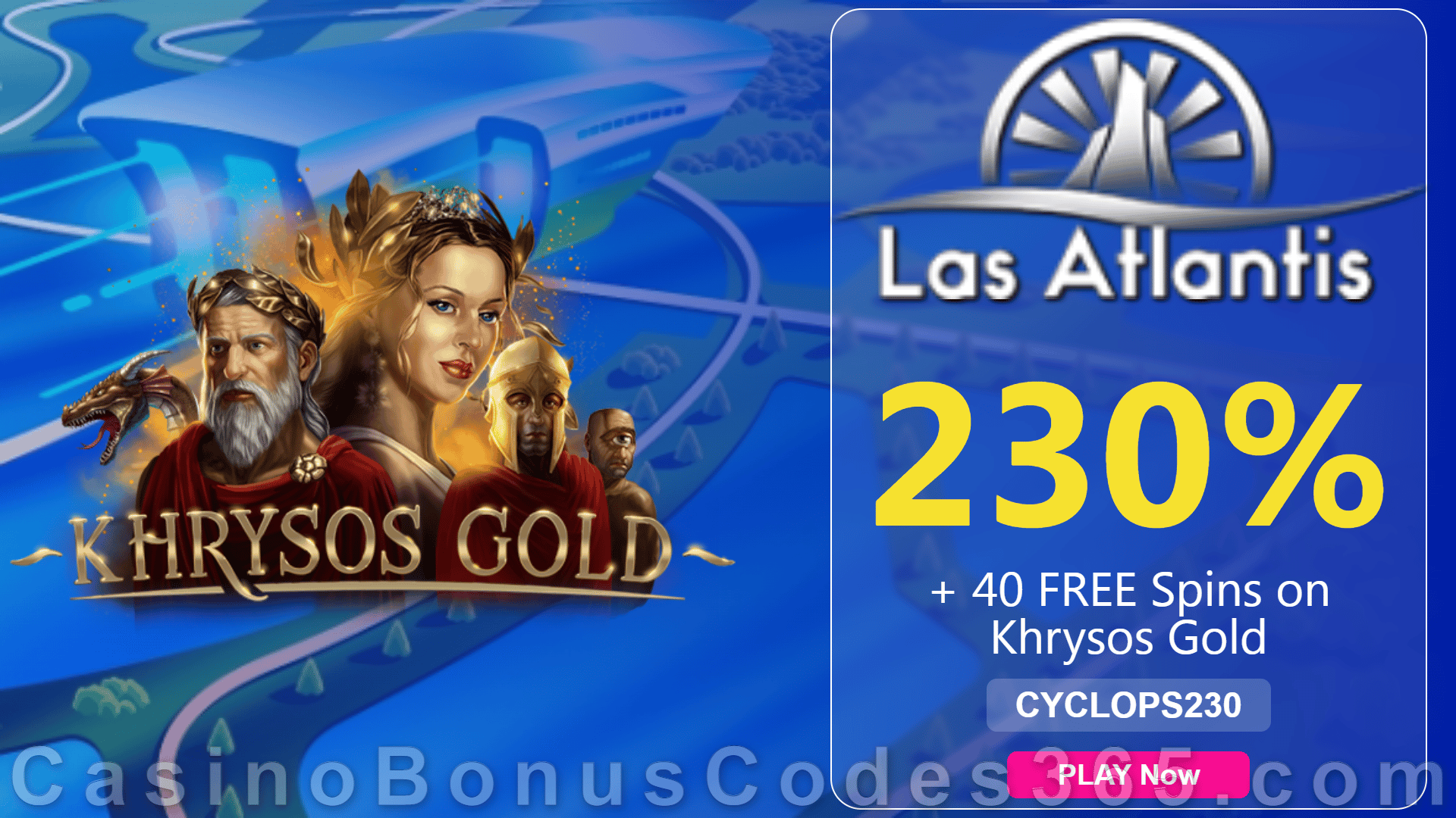 Las Atlantis Casino 230% Match Slots Bonus plus 40 FREE Spins on RTG Khrysos Gold 2021 Welcome Offer