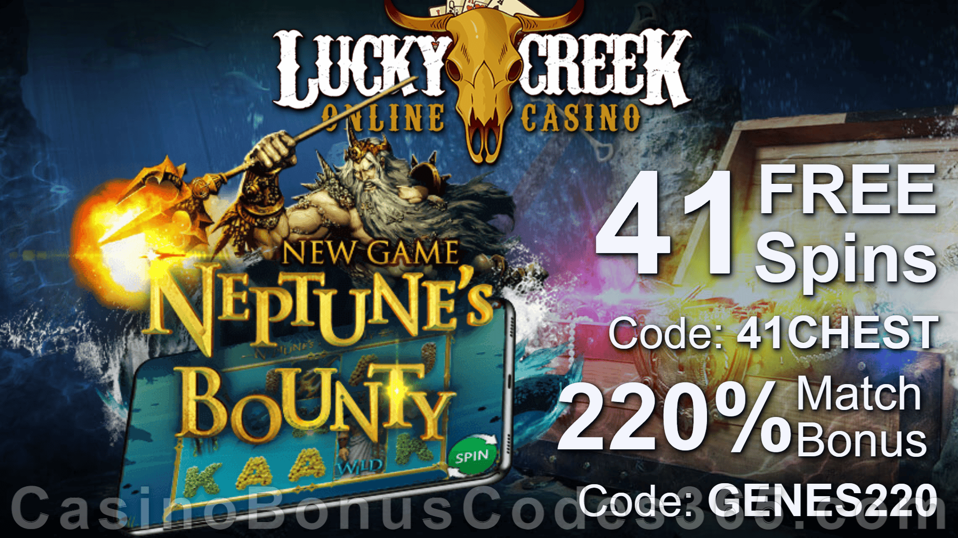 Lucky Creek Exclusive 85 FREE Spins on Saucify Neptune's Bounty Exclusive Offer