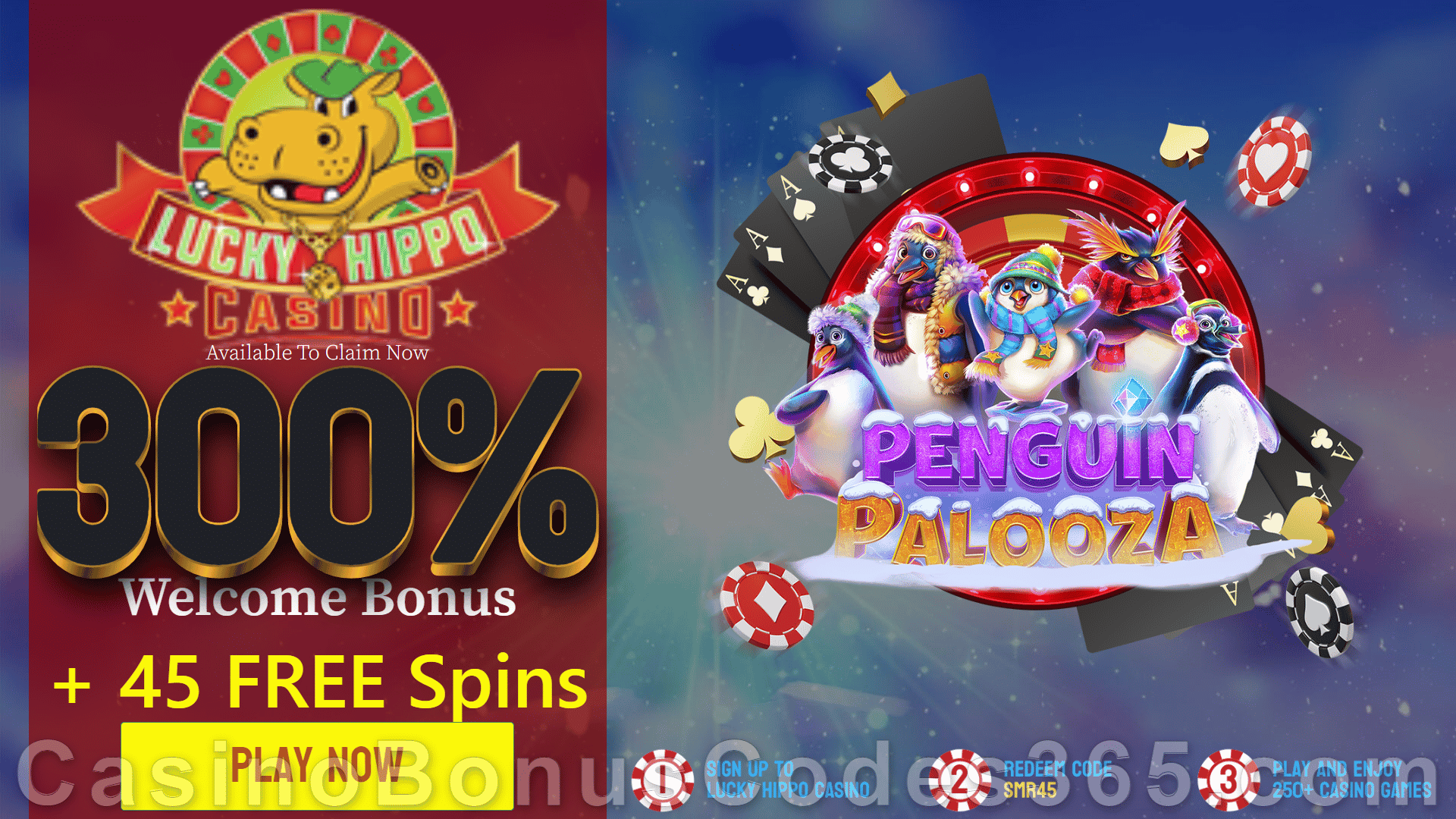 Lucky Hippo Casino 300% Match plus 45 FREE Spins on RTG Penguin Palooza New Year New Players Deal