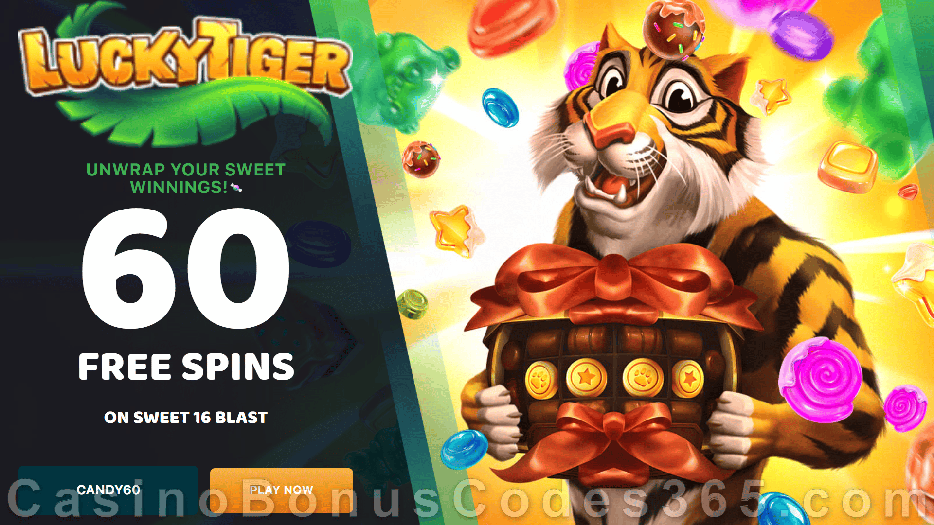 Lucky Tiger Casino 60 FREE Spins on Sweet 16 Blast Special New RTG Game Sign Up Offer