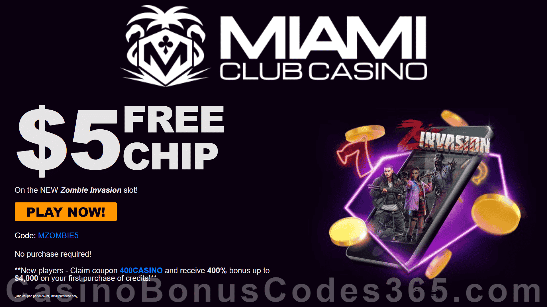 Miami Club Casino $5 FREE Chip on Dragon Gaming Zombie Invasion All Players No Deposit Offer plus 400% Match Welcome Bonus