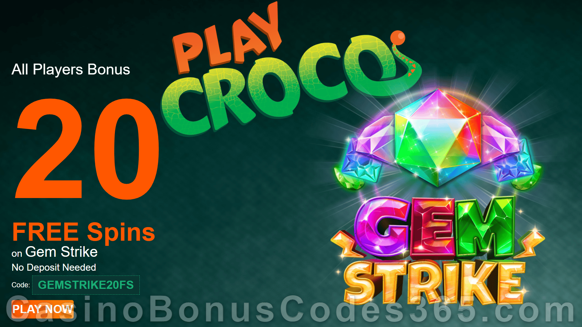 PlayCroco 20 FREE RTG Gem Strike Spins No Deposit Welcome Deal