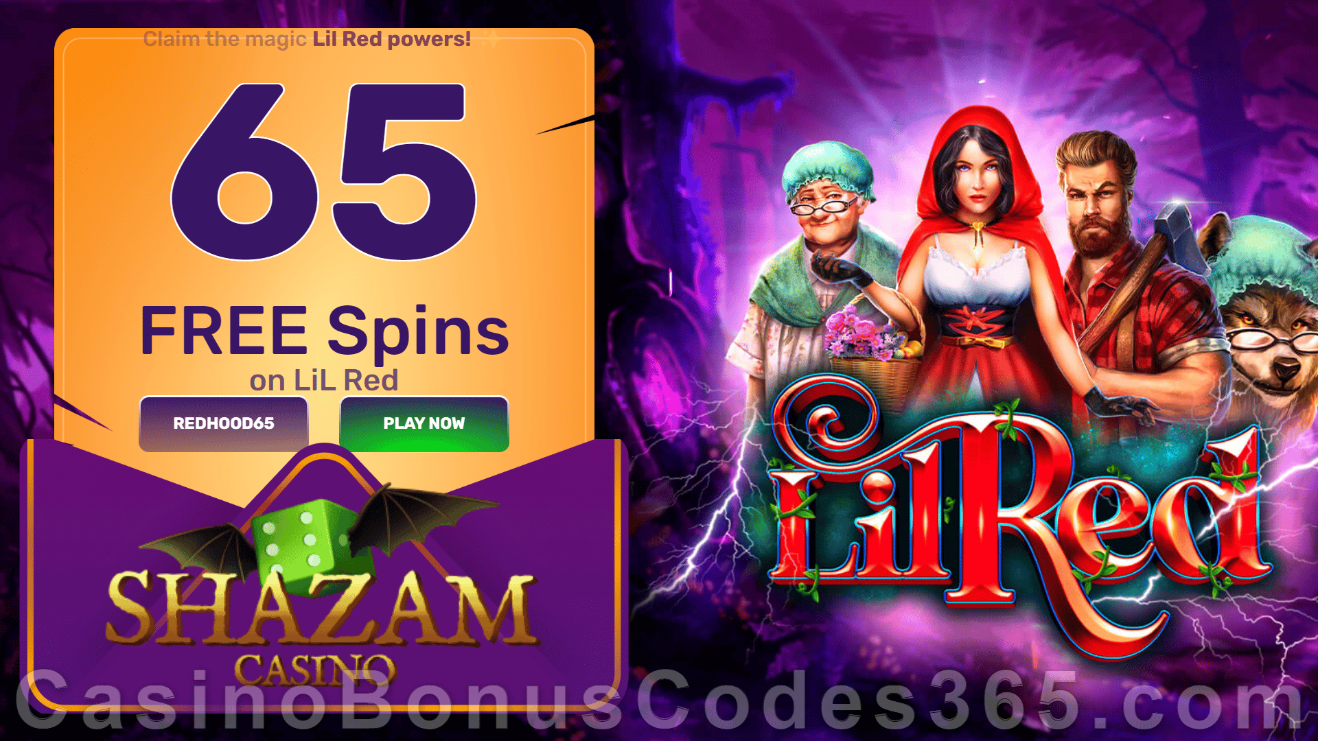 Shazam Casino 65 FREE Spins on RTG Lil Red No Deposit New Players Offer