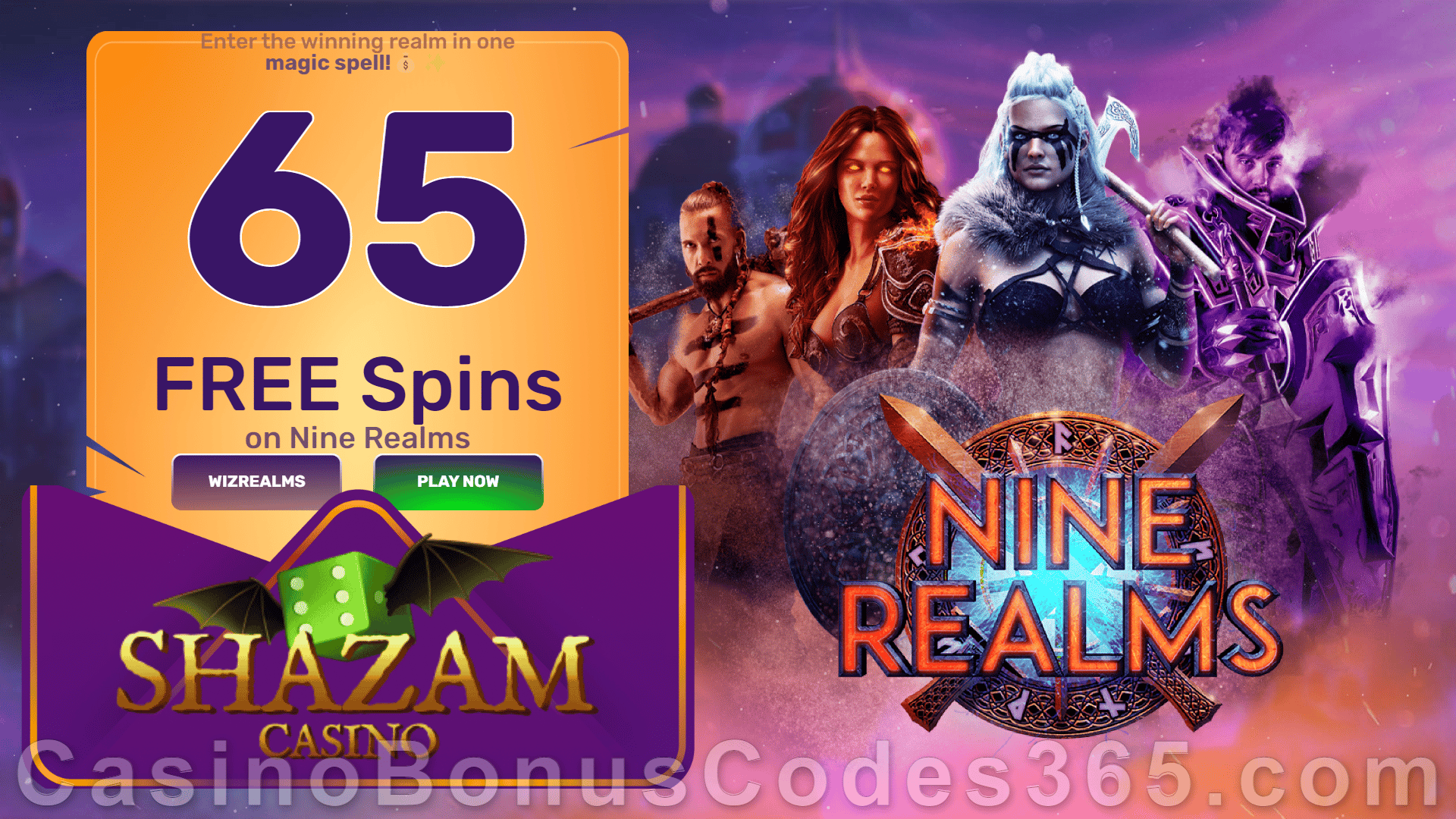 Shazam Casino 65 FREE Spins on RTG Nine Realms No Deposit New Players Offer