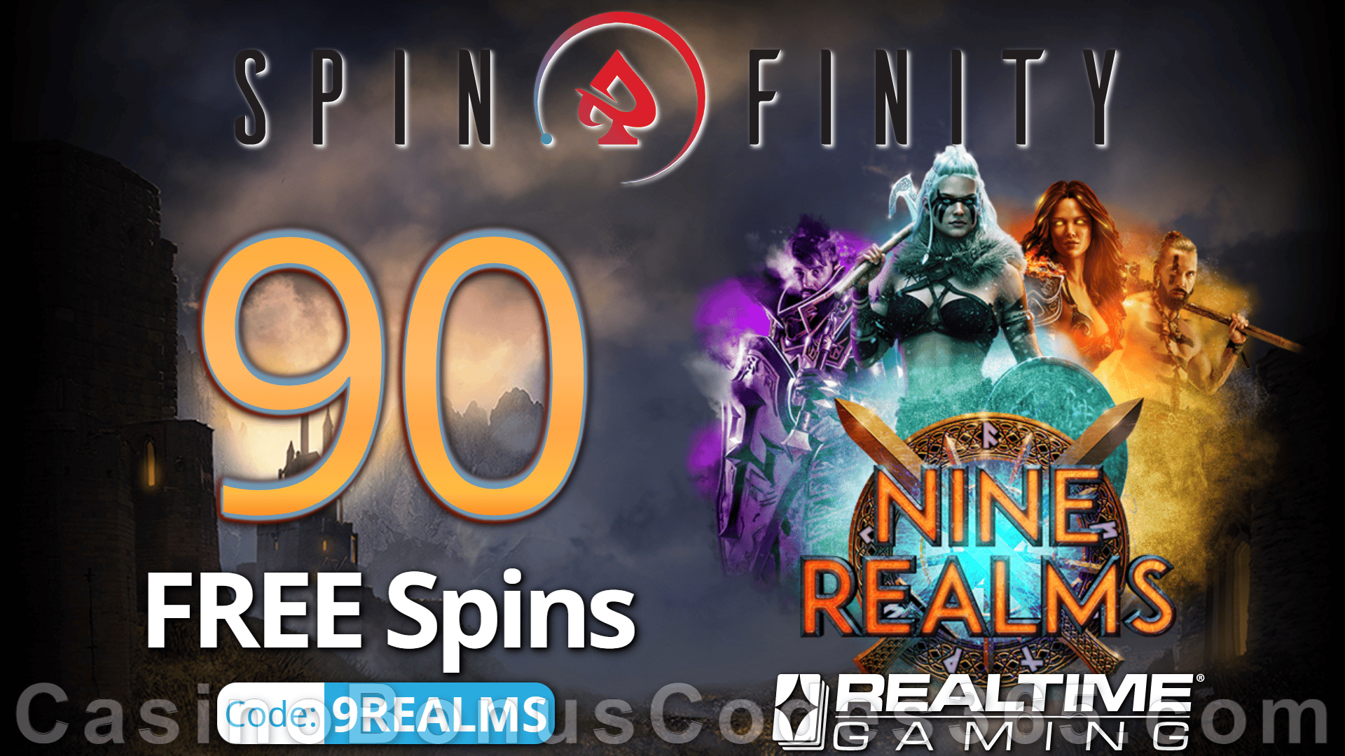 Spinfinity 90 FREE Spins on Nine Realms Special New RTG Game No Deposit Promo