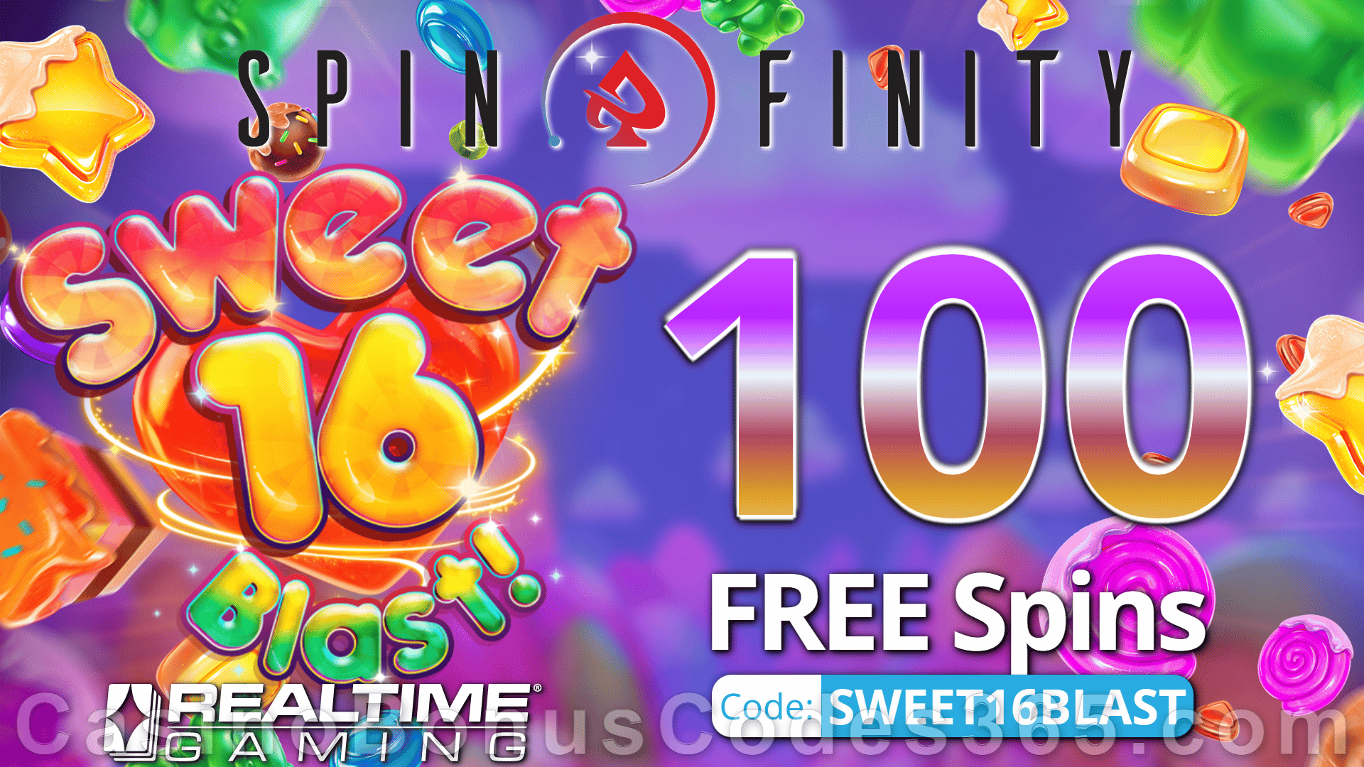 Spinfinity 100 FREE Spins on Sweet 16 Blast Special New RTG Game No Deposit Promo