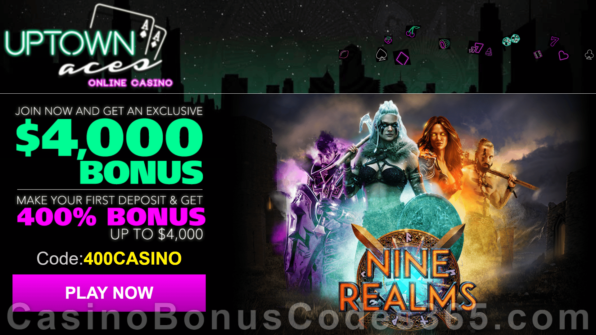 Uptown Aces Special RTG Game Nine Realms 400% Match up to $4000 Bonus Sign Up Deal