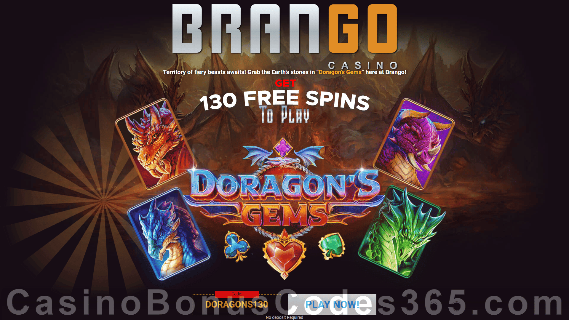 Casino Brango 130 FREE Spins on RTG Doragon's Gems Mega Welcome Offer