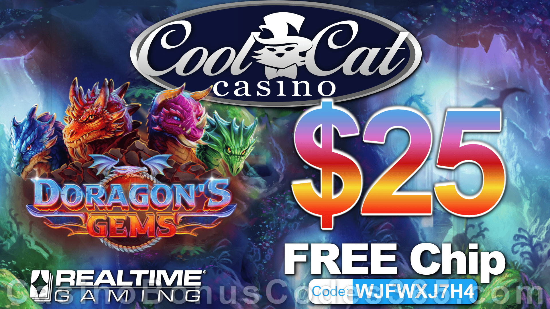 CoolCat Casino New RTG Game Doragon's Gems Special $25 No Deposit FREE Chip Launching Deal