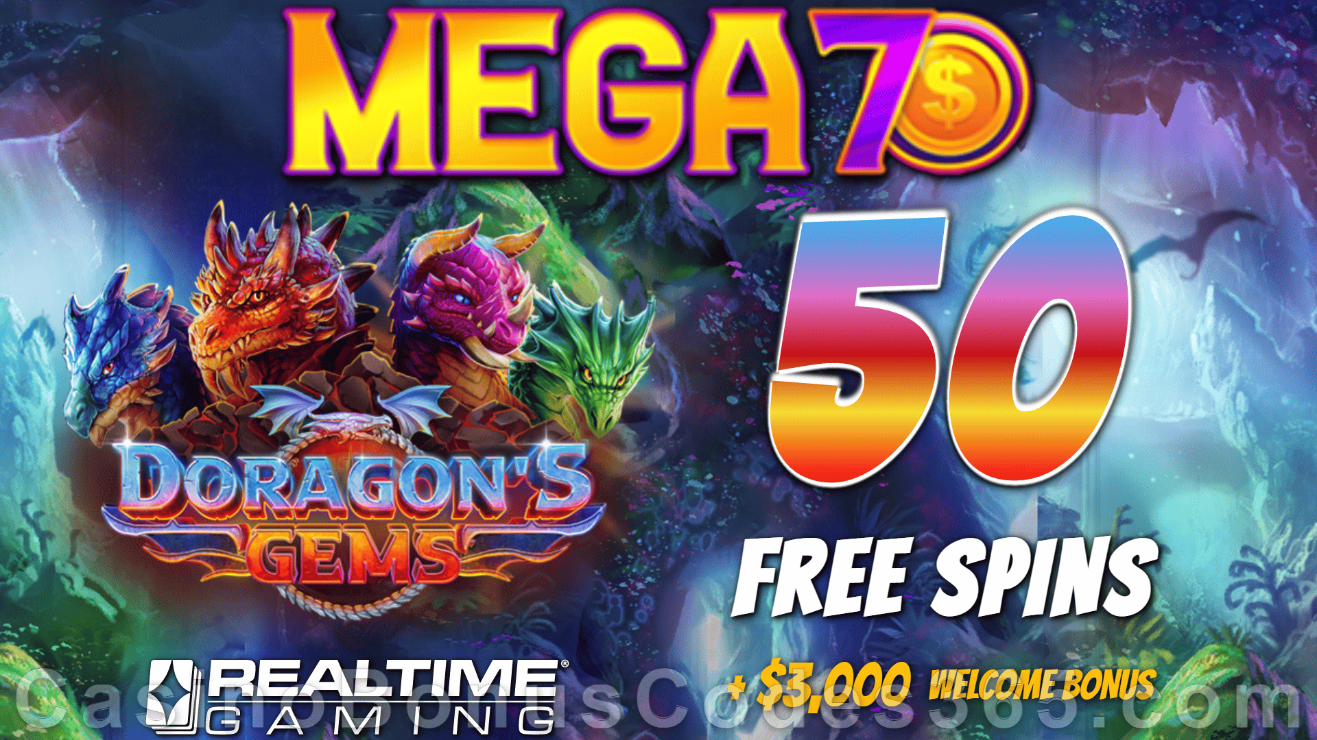 Mega7s Casino 50 FREE Spins New RTG Game Doragon's Gems Offer